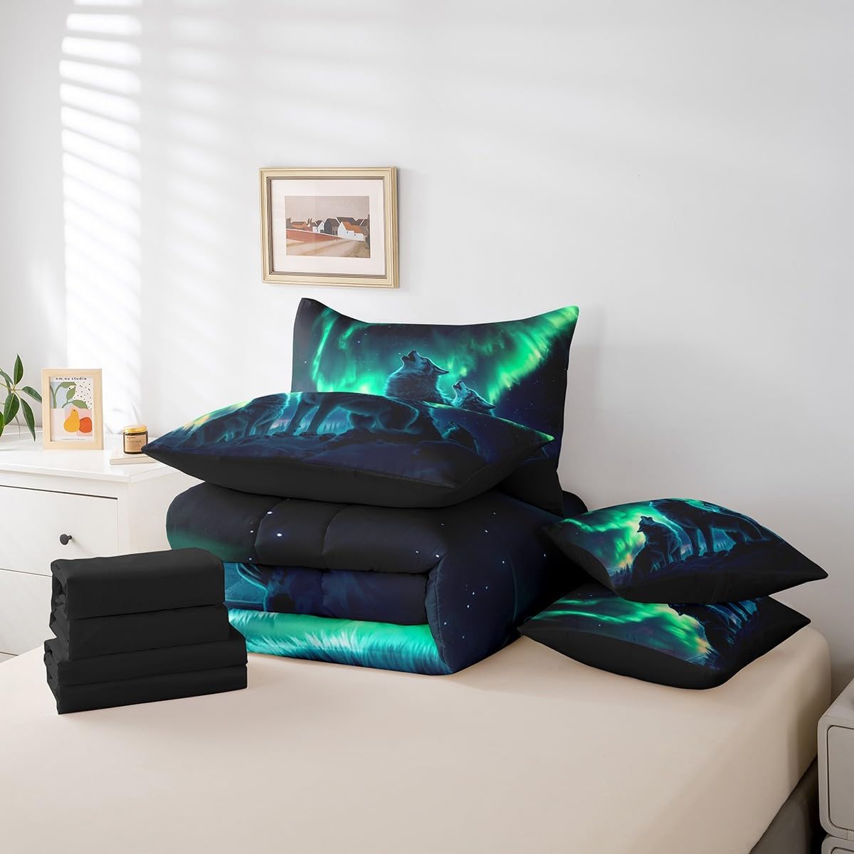 Erosebridal Wolf Bedding Twin Size 7pcs Bed in a Bag, Roaring Wolves Wildlife Soft Kids Boys Comforter Set, Aurora Animals Galaxy Printed Bedding Comforter Sets, Black Green Mountains Bed Sheets Set