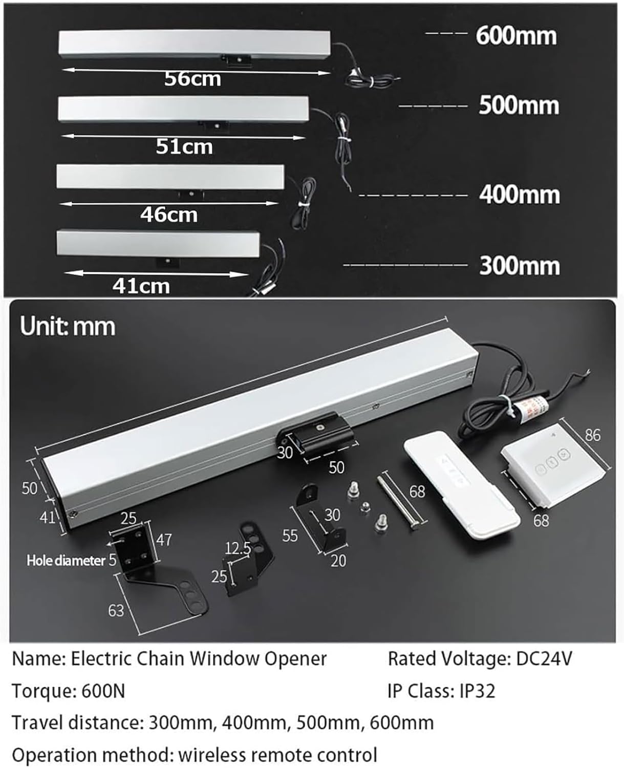 Electric Window Opener Actuator 24V, Electric Chain Window Opener Actuator, 300mm-800mm Stroke, with Remote Control + Switch, for Skylight Window Greenhouse/Roof Vent, 500mm