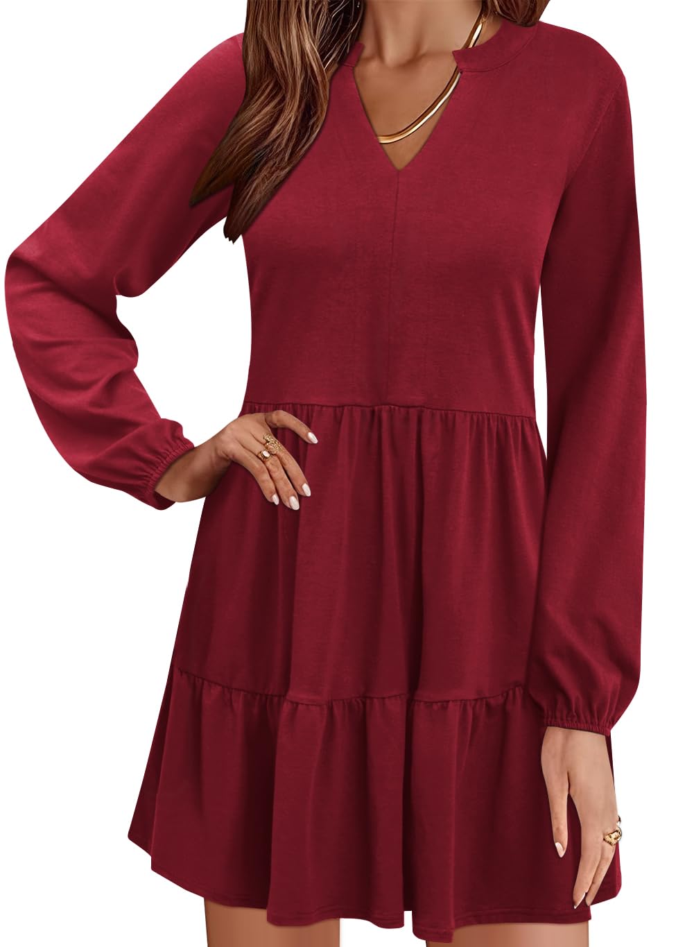 QACOHU Women Spring Tunic Dress 2026 V Neck Casual Tiered Long Sleeve with Pockets A-Line Swing Mini Babydoll Dress