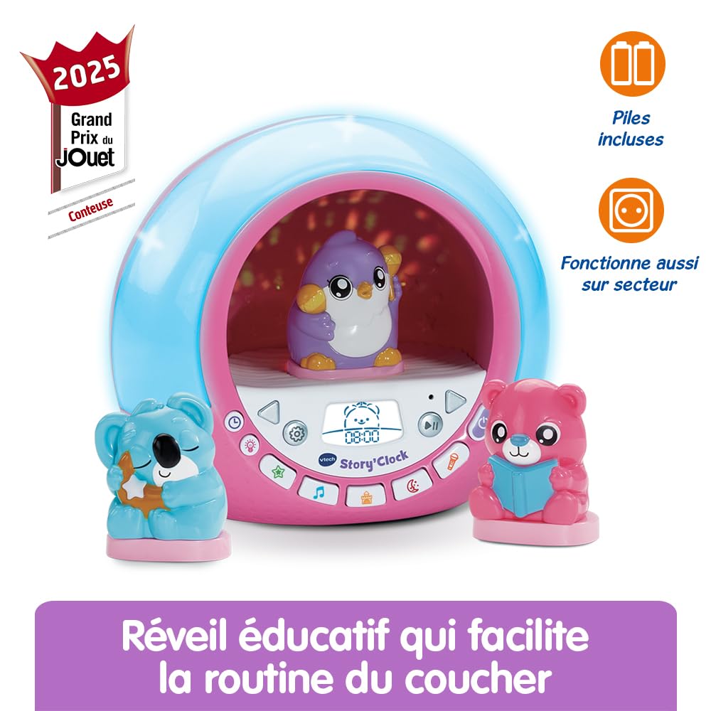 VTech - Story'Clock Rose Ma Conteuse-Réveil - Veilleuse Réveil Éducatif Jour/Nuit - Coach Sommeil Enfant - Boîte à Histoires, 3 Figurines et Projections - Cadeau Enfant Dès 3 Ans - Contenu en Français