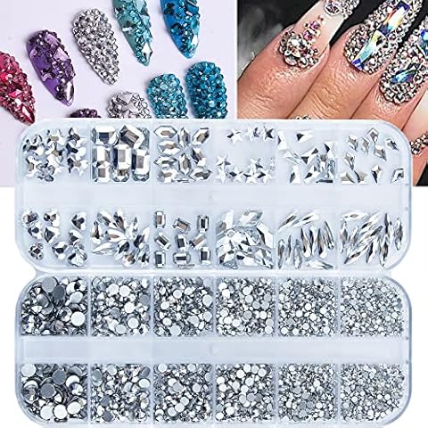 2120 Pcs Silver Color Nail Rhinestones Crystals Glass Gems Stones Multi Shapes Sizes Silver Glass Round Beads Flatback Rhinestones Gems for Nail DIY Crafts Clothes Shoes Jewelry Cover