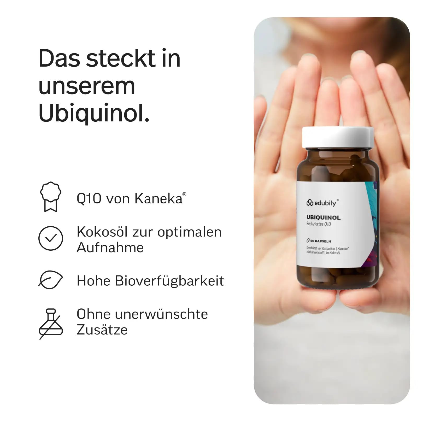 edubily® Ubiquinol Kapseln 100 mg Q10 von Kaneka® (60 Kapseln) | Premium-Markenrohstoff, Mit Kokosöl, Vegan, Laborgeprüft, Made in Germany