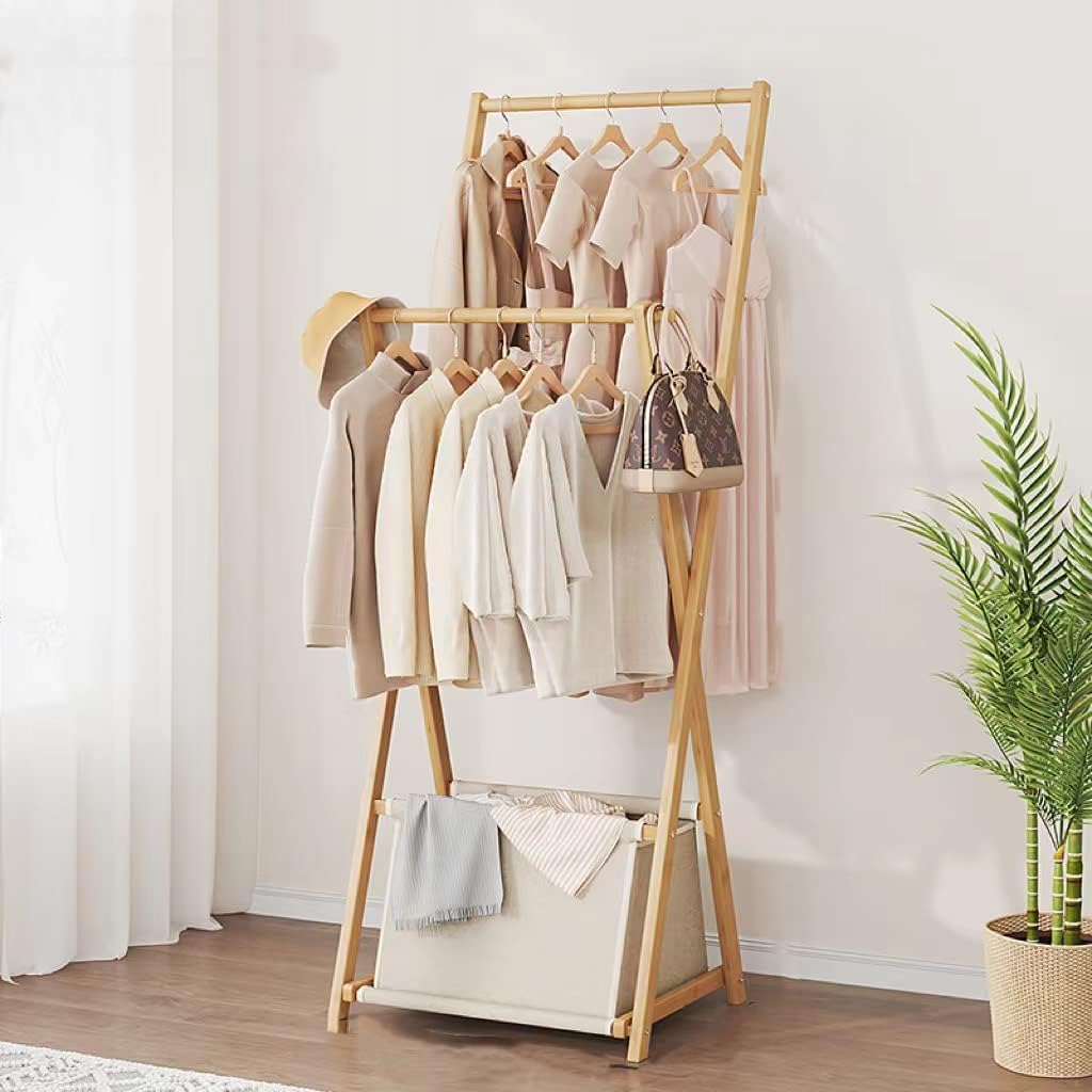 Clothes Rack Storage Rack Multifunctional Household Indoor Bedside Folding Clothes Hanger， Double layer floor folding clothes hanger with storage bag (50CM)