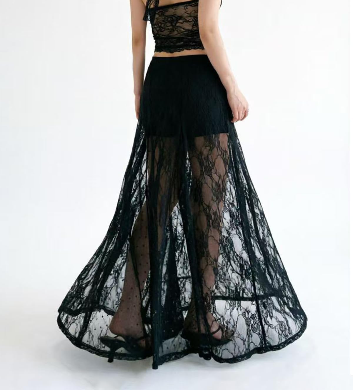See Through Sheer Lace Maxi Skirts for Women A Line Flared Flowy Long Skirt