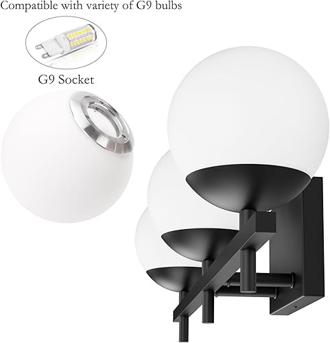 Miniatura 6 de Ralbay Luces de tocador de baño modernas de mediados de siglo, color negro mate, vidrio lechoso, luces de pared modernas sobre el espejo, 3 luces