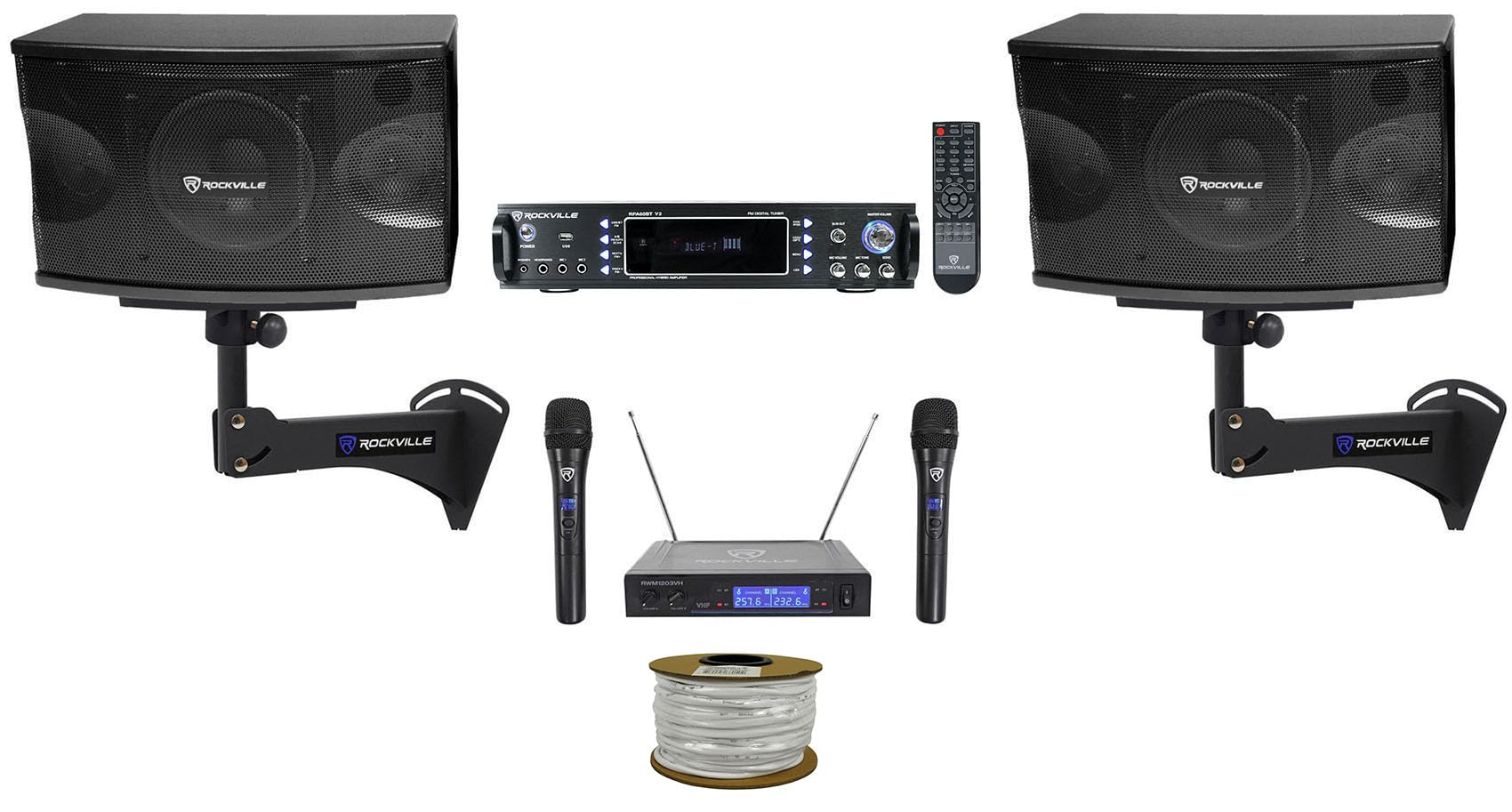 2 Rockville KPS80 Karaoke Speakers+Bluetooth Amp+Wall Brackets+2 Wireless Mics + Rockville R14GSBR100 Red/Blk 14 Gauge 100' Ft. Mini Spool Car Audio Speaker Wire