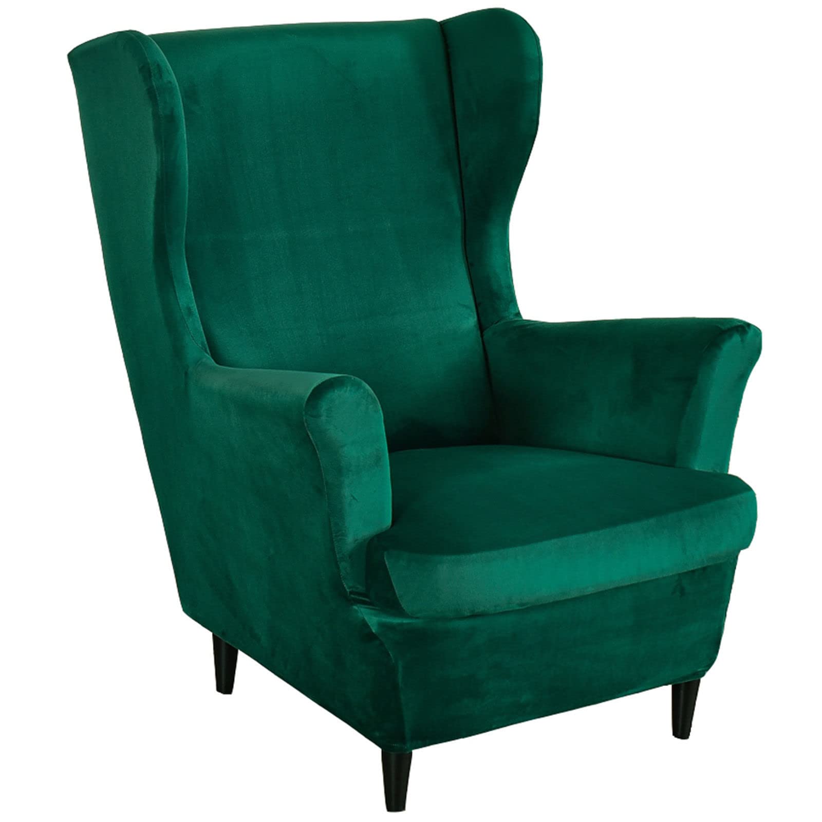 JHLD Velvet Stretch Wing Chair Slipcover, 2 Piece Wingback Chair Cover Stretch Wingback Chair Slipcover Soft Armchair Chair Slipcovers with Elastic Bottom for Living Room-Dark Green-Wing Chair