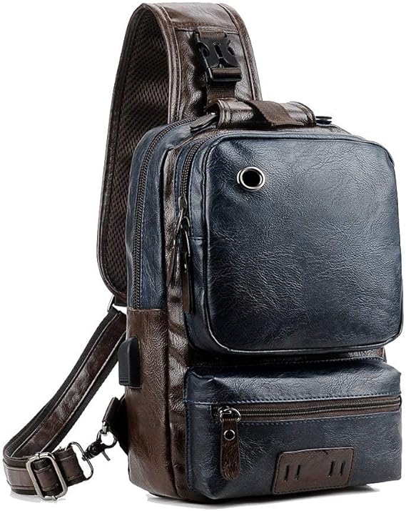 Men vintage pu leather crossbody sling bag large capacity casual backpack usb charge Clearance