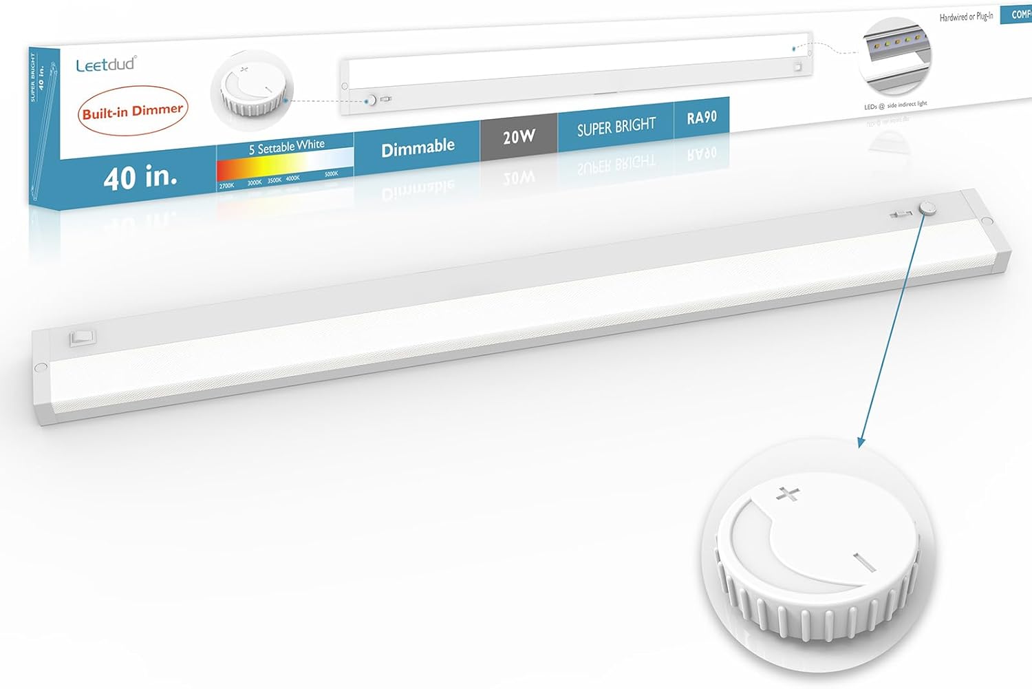 LED Under Cabinet Lighting Built-in Dimmer Plug in or Hardwired,40 Inch 20W Dimmable 5 Color 2700K/3000K/3500K/4000K/5000K, ETL Listed Linkable Under Cabinet Lights for Counter,Kitchen,White