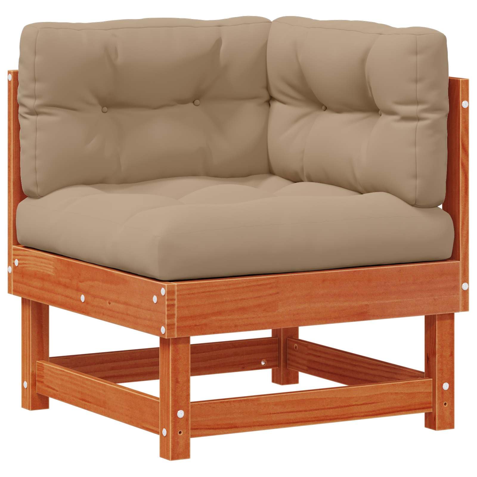 Juego de sofá de jardín de madera de pino maciza engrasada marrón cera, sofá modular esquinero con cojines suaves y diseño de listones para patio y balcón