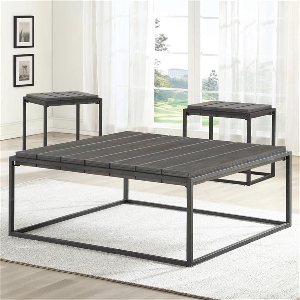 BOWERY HILL Transitional End Table, 22 in Square Plank-Effect Acacia Veneer Top, Walnut and Dark Gray Iron Base, Mixed Media Design, Durable Construction for Living Room or Bedroom