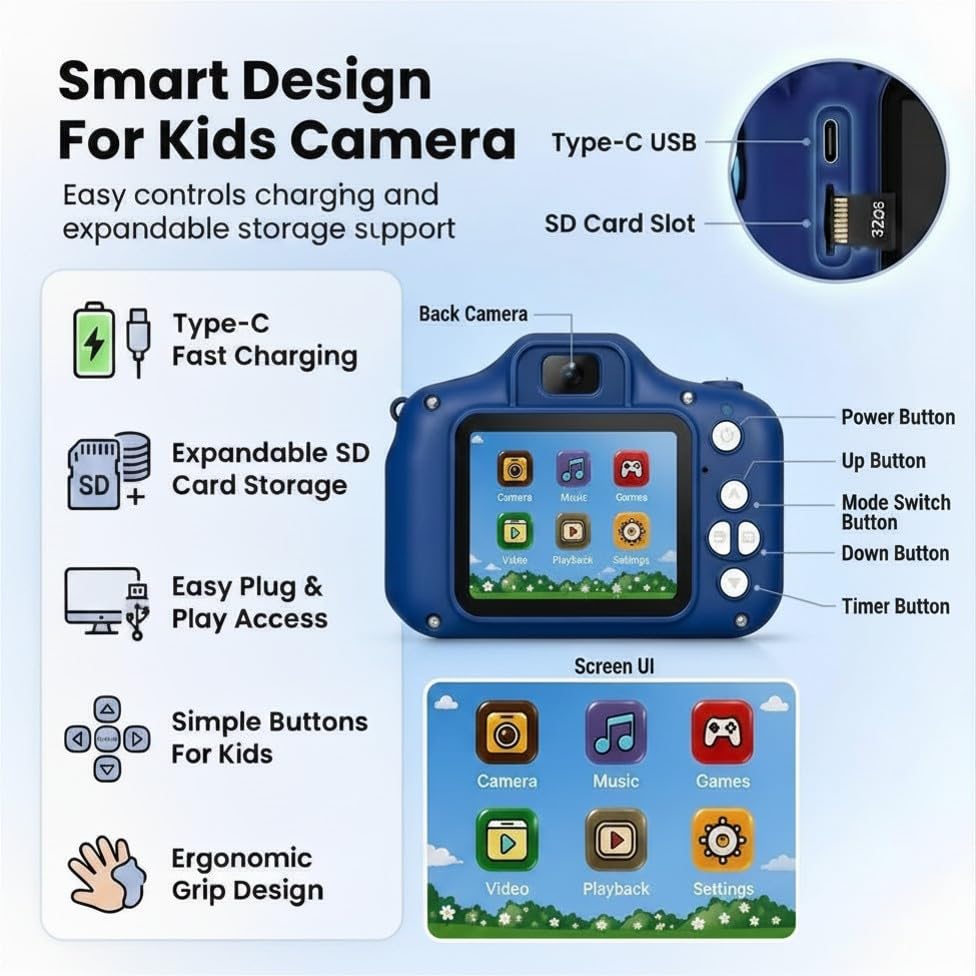 Image of Toy Imagine Space Kids Digital Camera 4.8 MP HD Photos 1080p Video 2-Inch Screen USB Rechargeable Extended Storage Mini with Games Filters & Frames Cute Birthday Gift for 6-12 Age SD Card Not Included
