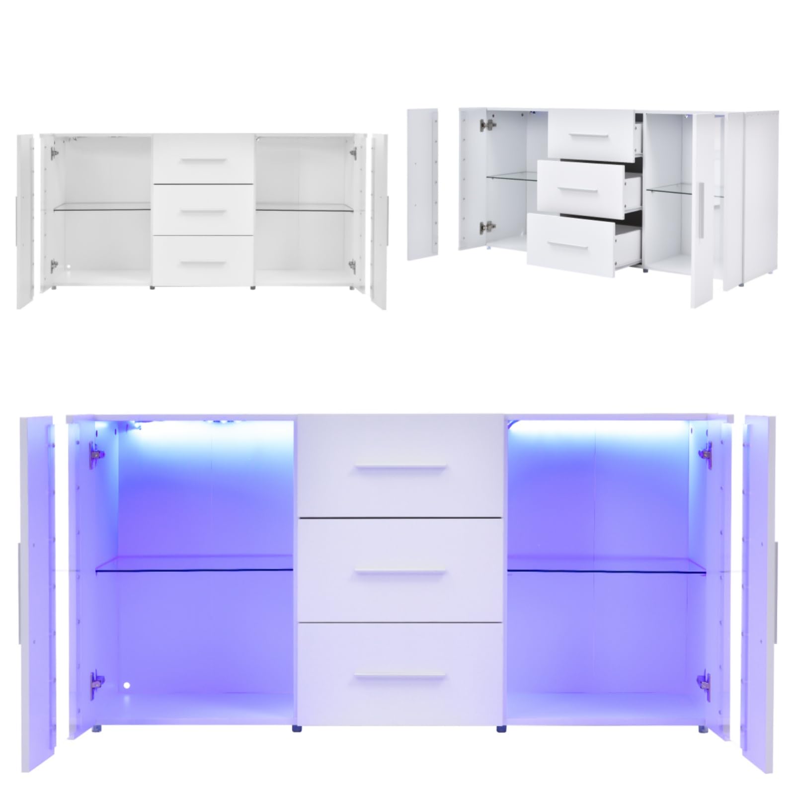 KOMHTOM Buffet Lumineux à LED, Meuble TV Moderne Blanc, Armoire de Rangement avec 3 tiroirs et 2 Portes, Commode pour Salon, Chambre à Coucher, Couloir et Salle à Manger (H)