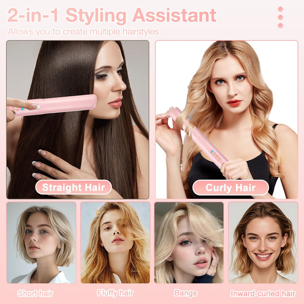 2 In 1 Mini Glätteisen Kabellos und Lockenstab, Hair Straightener, 4 Temperaturen, Wiederaufladbare Glätte, Mini Haarglätter für Langes, Kurze Haare, Glätten, Wellen, Locken Nach Innen (Rosa)