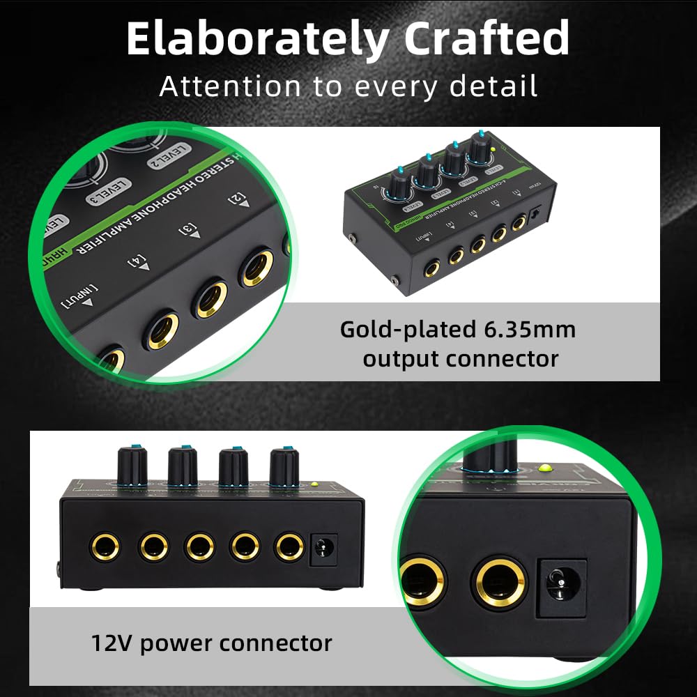 Btuty Amplificateur Pour Casque Stéréo à 4 Canaux Mini Amplificateur Audio avec Adaptateur D'alimentation DC 12 V Interface D'entrée/Sortie De 6,35 MM Splitter