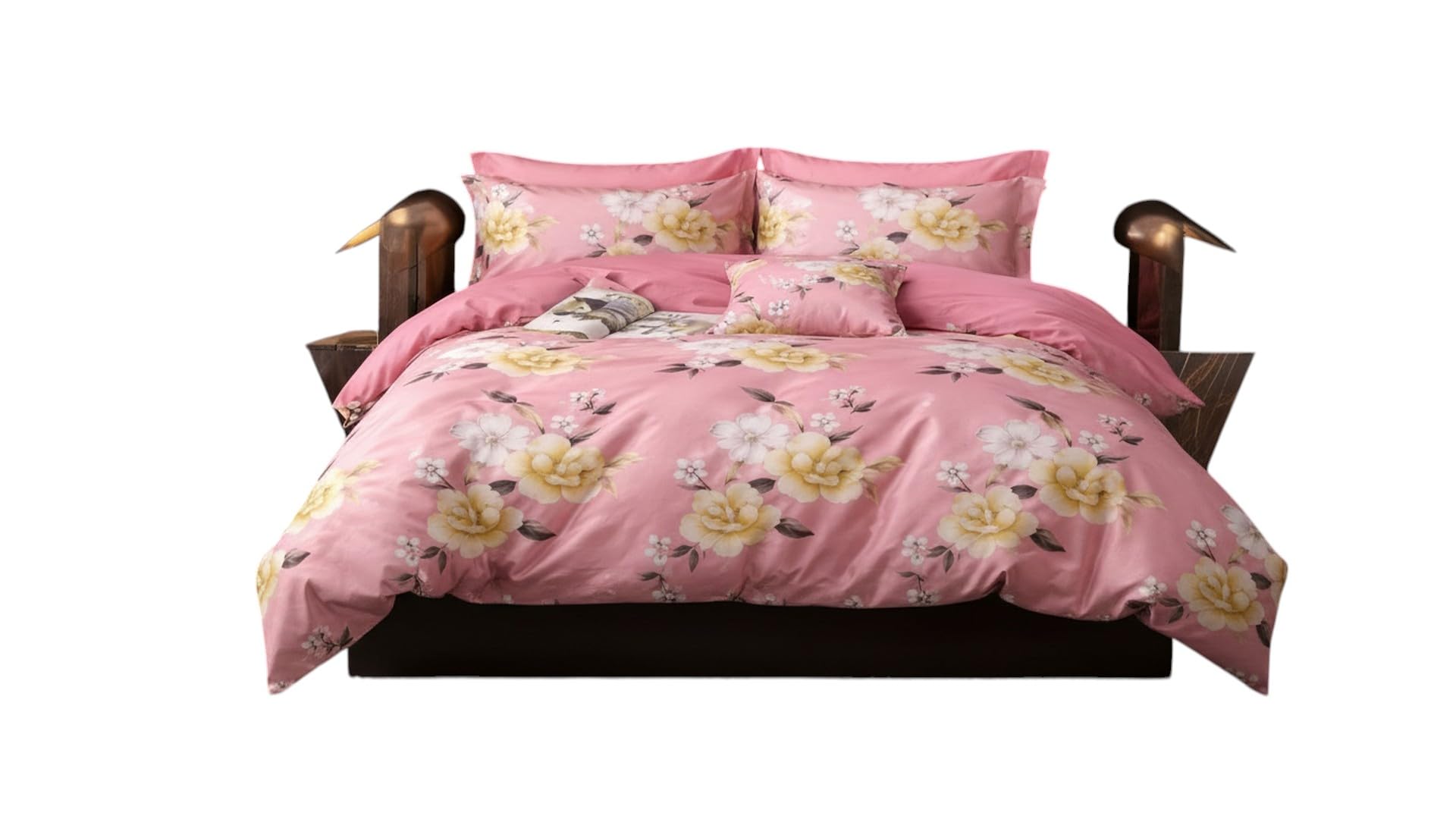 Floral Print Cover Set, Pink with Yellow & White Flowers | Bedding Set, Pillow Covers Included, Botanical Design, Bedroom Decor, Double Bed Size-image-47