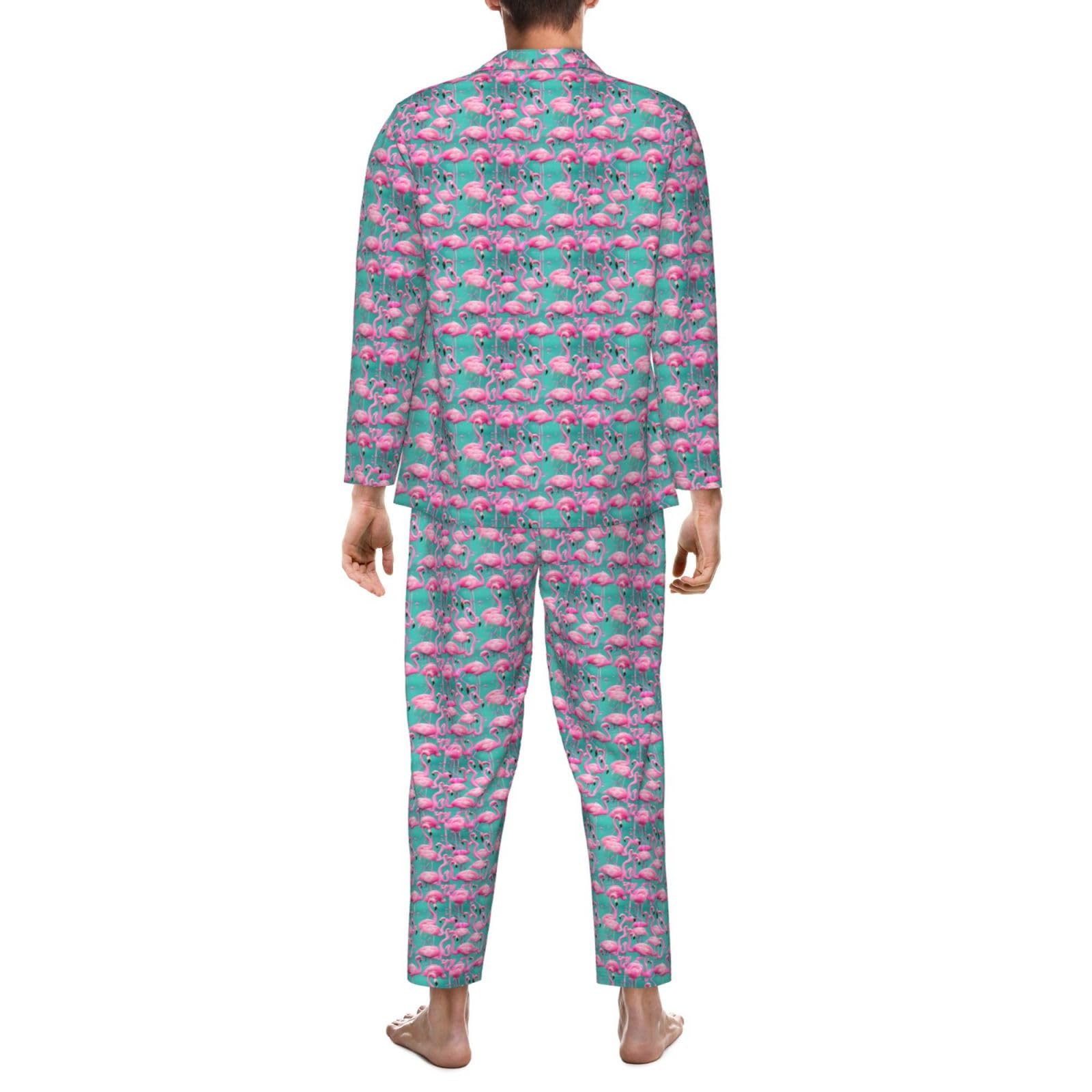 Bonito conjunto de pijama de manga larga para hombre con estampado de flamencos rosados, ropa de dormir de dos piezas, transpirable, cómoda