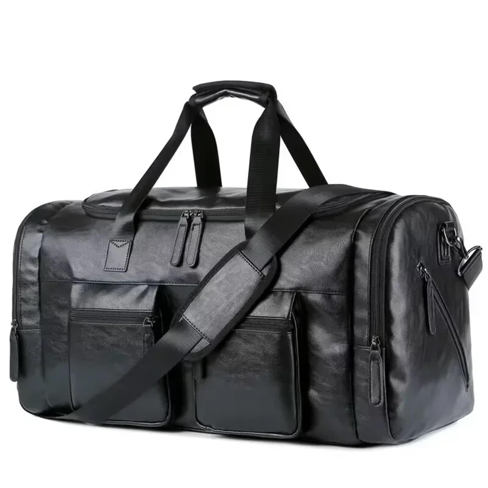 Borsone da Viaggio Pelle Borsa da viaggio for uomo d'affari di grande capacità, retrò, in pelle PU, con tracolla, for esterni(Black 1)
