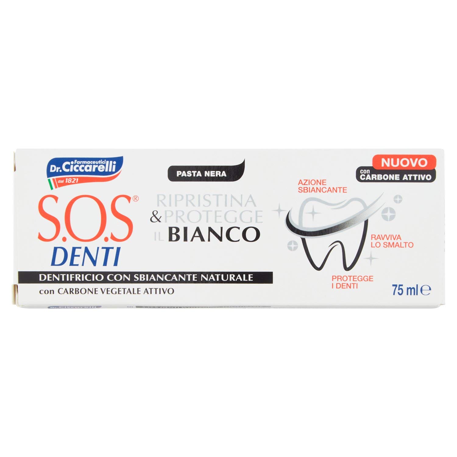 S.O.S Dientes Dr Ciccarelli, Pasta de Dientes Blanqueante Especializada, Contribuye a Restaurar y Proteger el Color Natural de los Dientes, Elimina los Malos Olores, 100% Made in Italy, Tubo de 75 ml