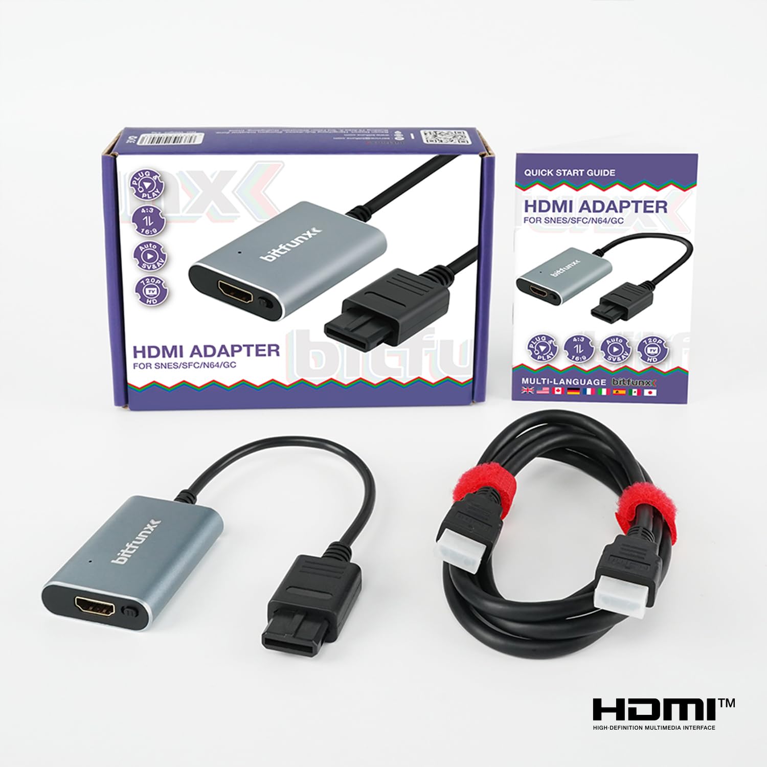 BITFUNX Adaptador HDMI N64/NGC/SFC/SNES – Compatible con Auto SV y AV e Interruptor 16:9/4:3, Adaptador de Videojuegos Plug & Play sin retraso