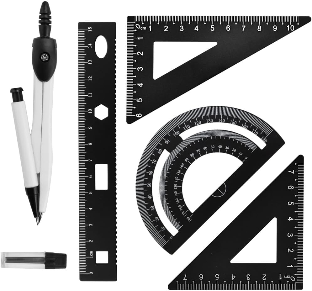 5 PCS Geometry Set 4 Pcs Aluminum Metal Scale Ruler Set Triangle Ruler Square Protractor Set Architect Scale Ruler Set + 1 Pcs Professional Compass Maths for Architects Engineers Students