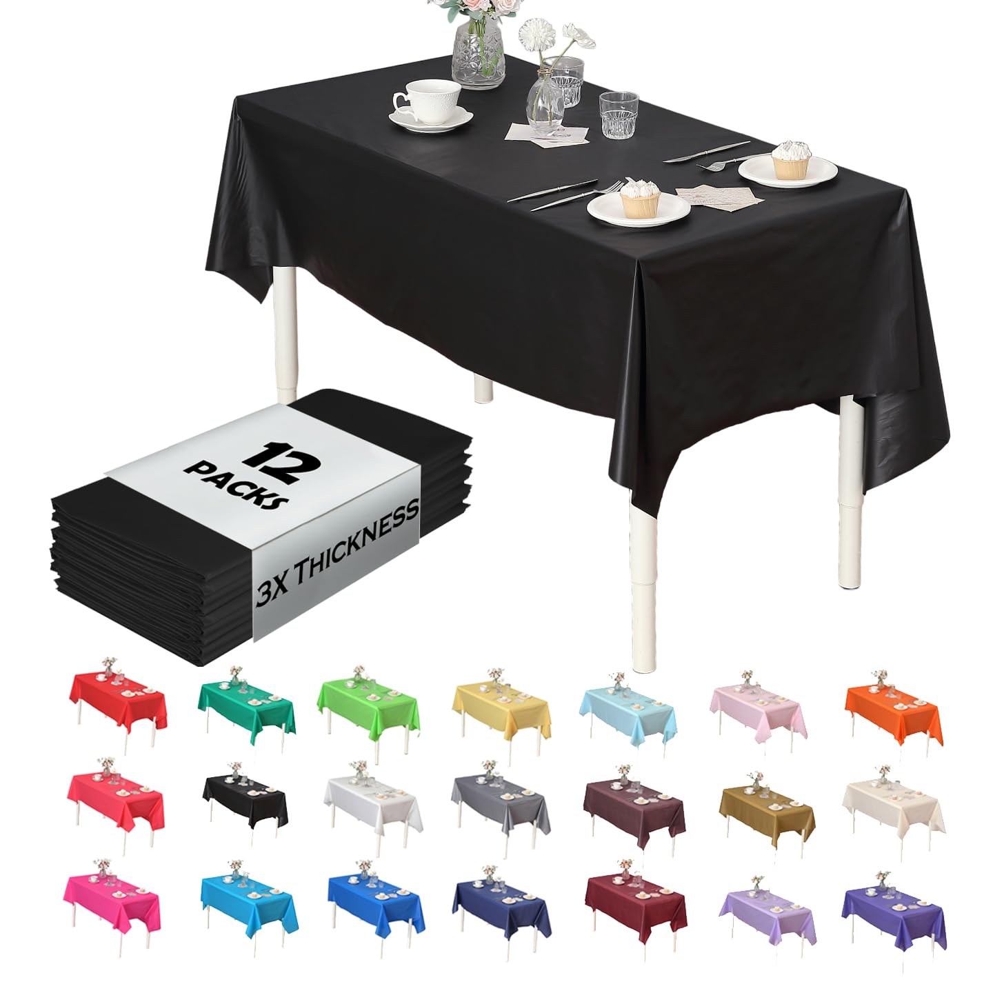 Evershine (12-Pack Heavy Duty Plastic Table Covers Tablecloth (Reusable) (Rectangle 54" X 108", Black)