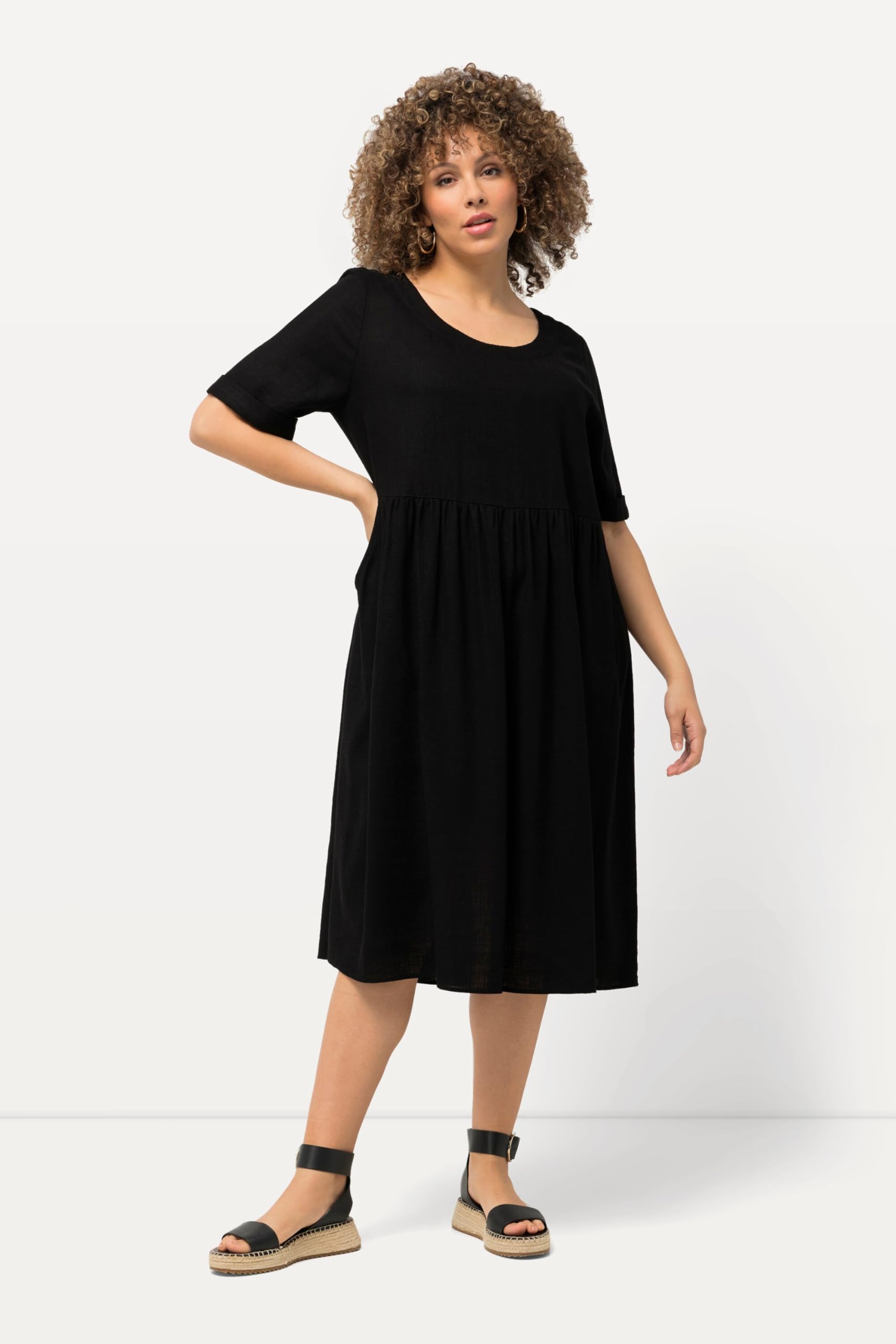 Ulla Popken Damen große Größen Übergrößen Plus Size Kleid, Leinenmix, A-Linie, Rundhals, Halbarm 829837