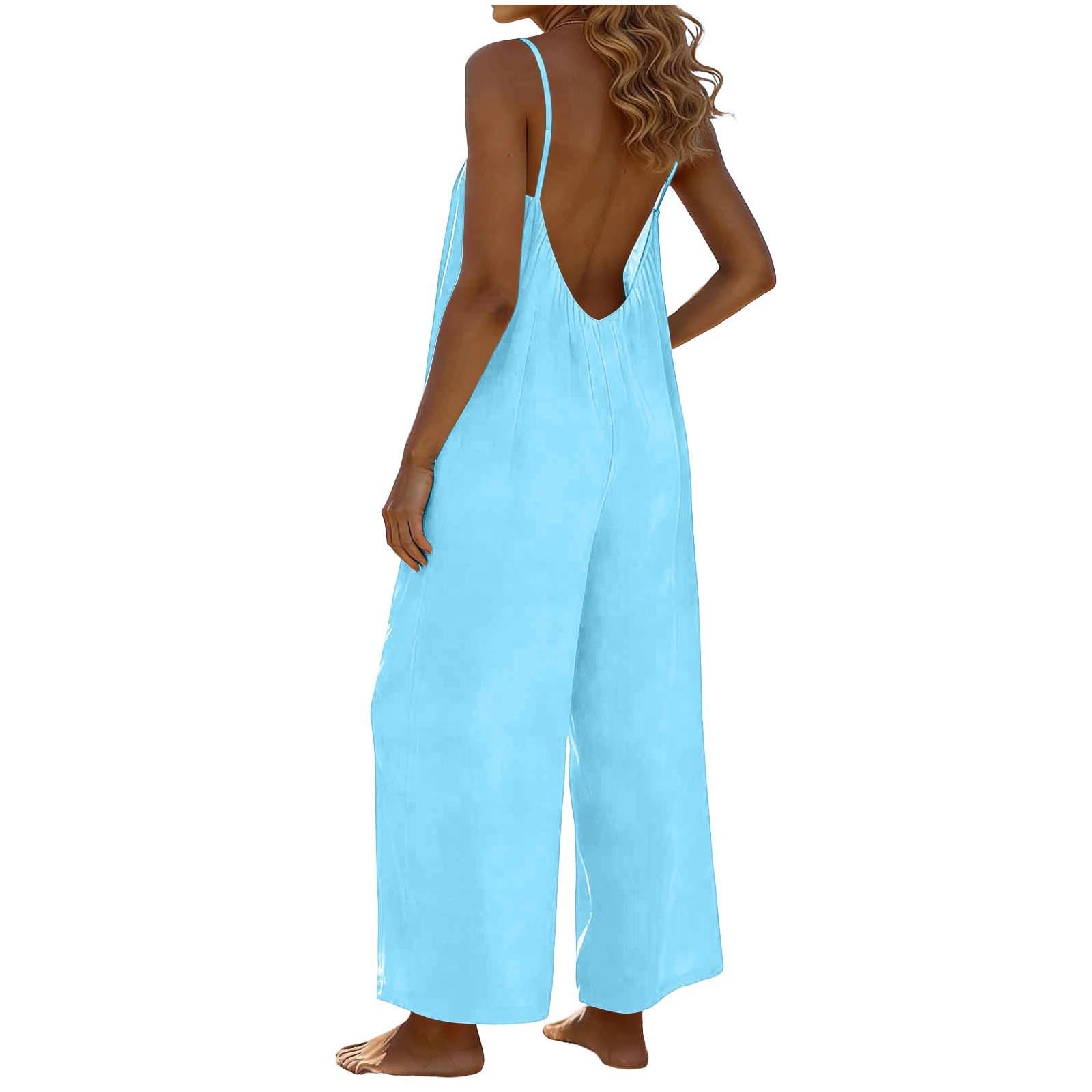 RLEHJN Jumpsuit Damen Sommer,Ärmellos Overall Lang Casual Hosenanzug Sexy V-Ausschnitt Spaghettiträger Romper Loose Fit Playsuit Elegant Einteiler Weites Bein Latzhose Freizeithose mit Taschen