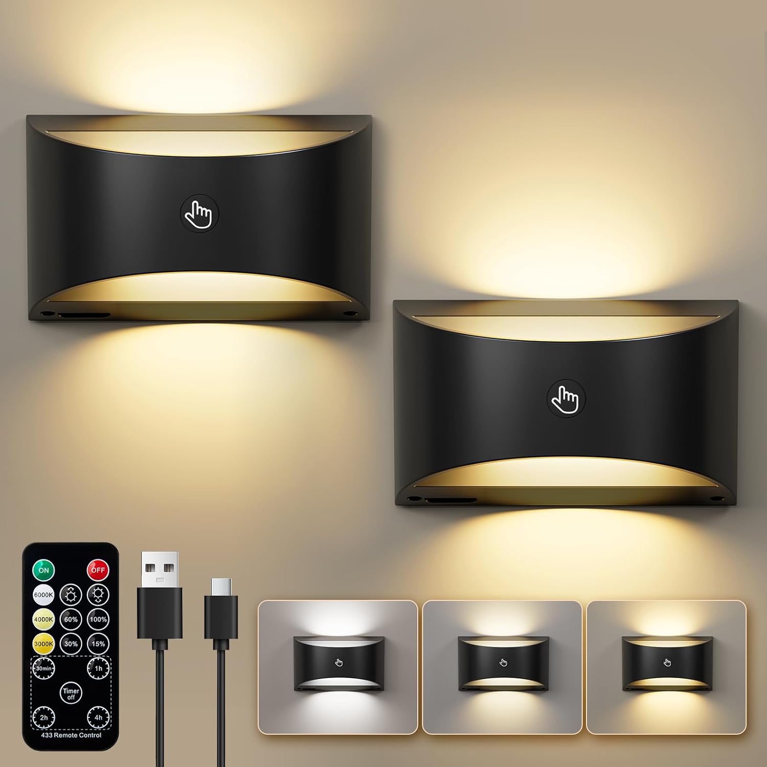 Brightown Magnetic Wall Sconces Set of Two, Rechargeable Battery Powered Wall Sconce with Remote Control, 3 Colors Wireless Up and Down Wall Mount Light for Hallway Bedroom Bedside Living Room (Black) Black 2 PACK