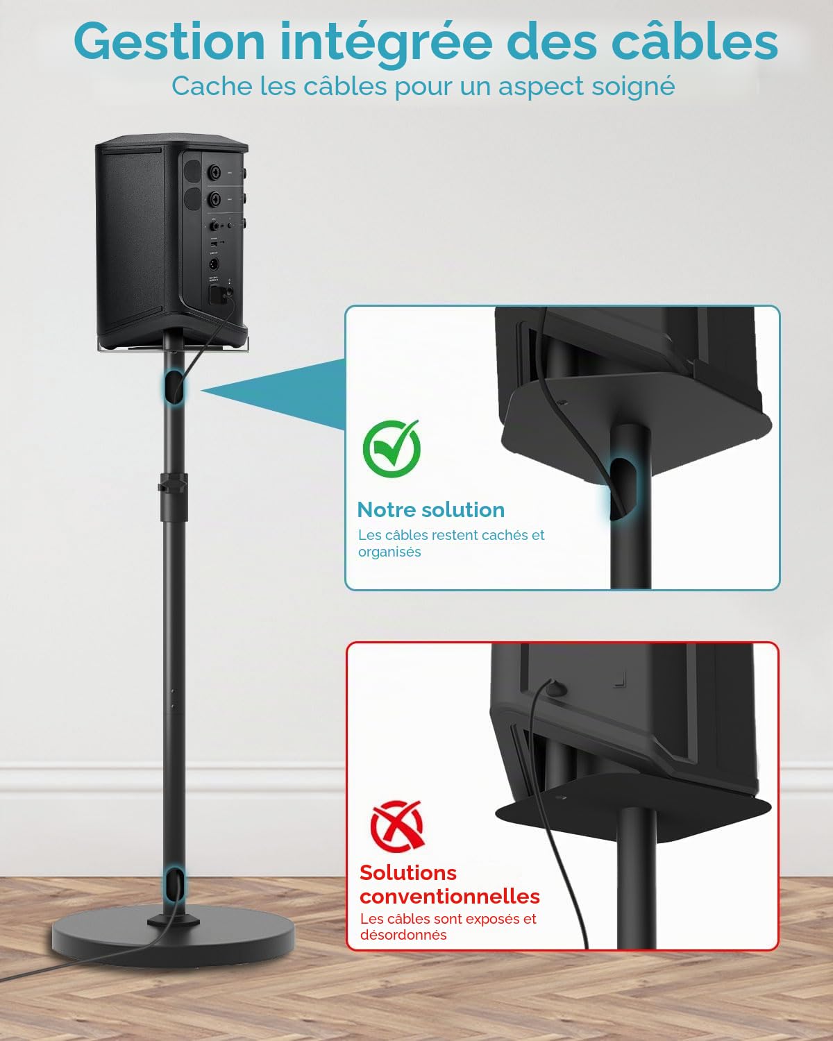 Support réglable compatible avec Bose S1 Pro / S1 Pro Plus - Hauteur réglable de 114 à 137 cm - Haut-parleurs jusqu'à 9 kg - Support de sol pour Bose S1 Pro avec gestion des câbles