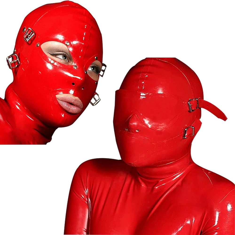 Sexy Erotik Rote Latex Bondage Maske Mit Abnehmbaren Augen und Mundaufklebern, Rückseitigem Reißverschluss, Fetisch BDSM Cosplay, Mode Liebhaber (XL)