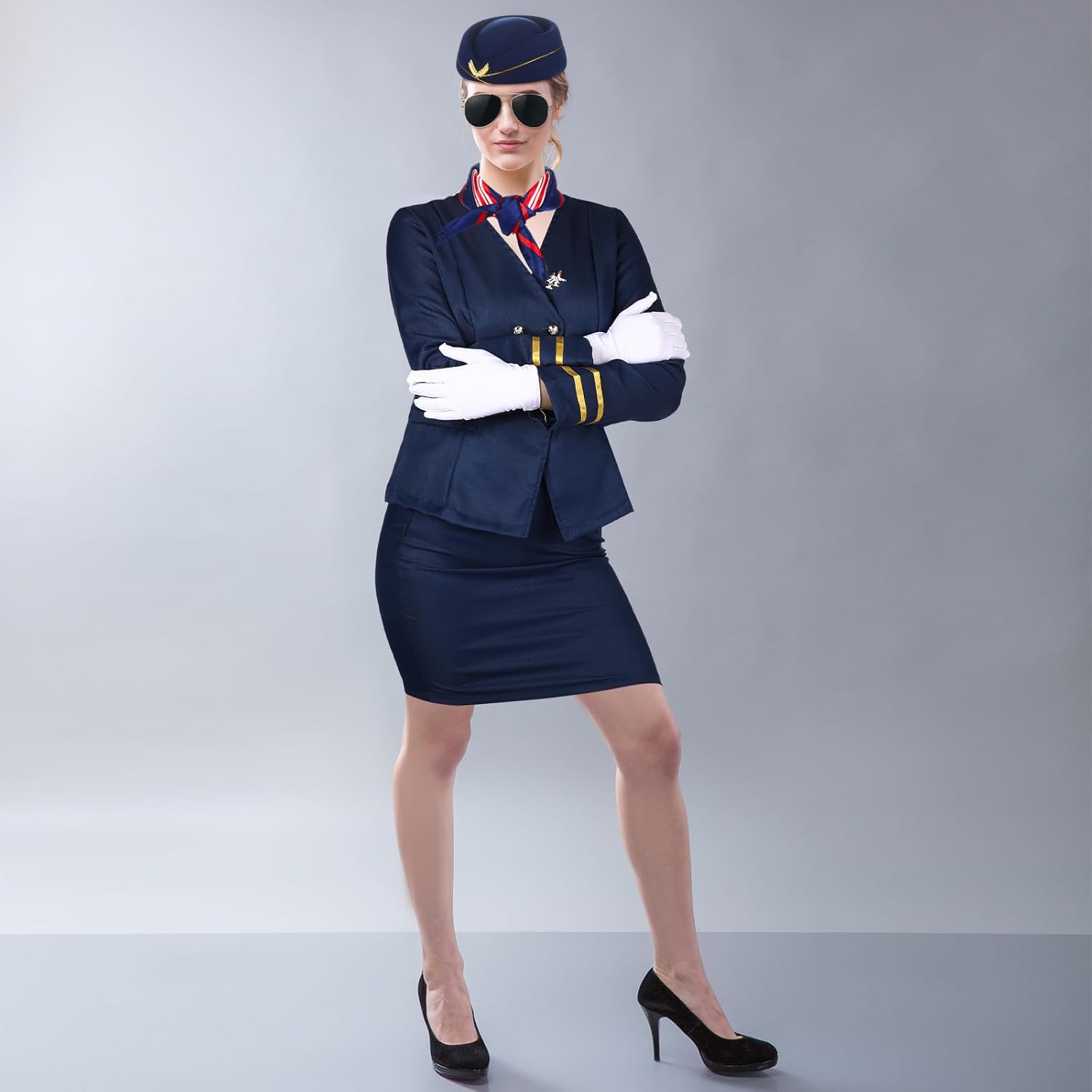 Xtinmee 7 Pcs Halloween Flight Attendant Costume Women's Pilot Captain Cosplay Accessories Pilot Hat Role Outfits