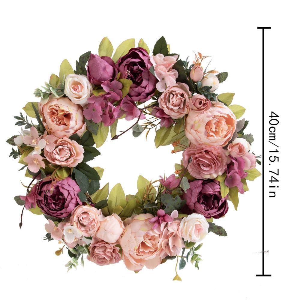 Milageto Ghirlanda primaverile per porta d'ingresso, fiori di artificiali, ghirlanda da 40 cm per matrimonio, finestra, soggiorno, Capodanno, Pasta di Fagioli Viola