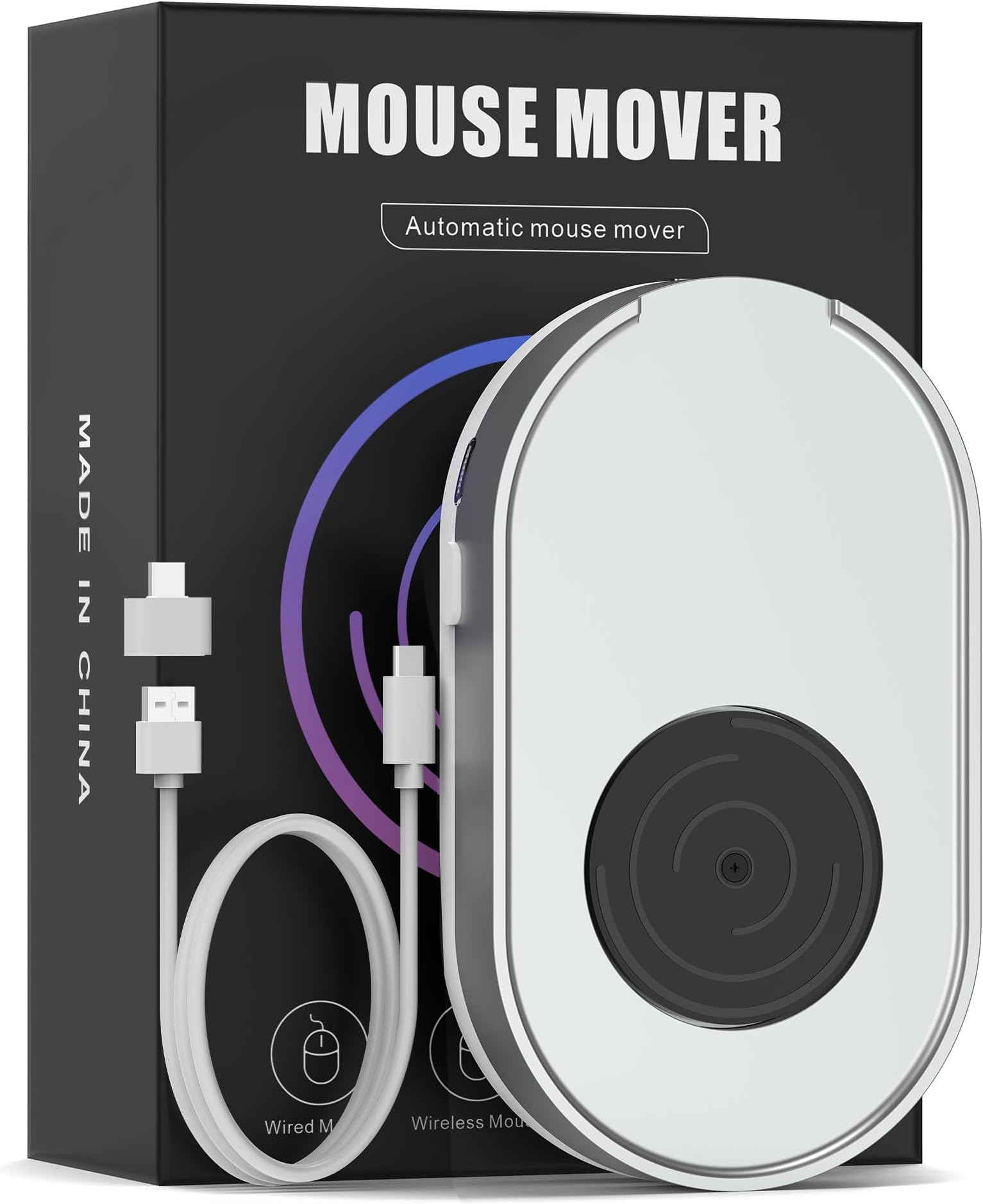 Mouse Jiggler, Undetectable Mouse Mover Device Wiggler Shaker with Drive Free USB Cable and USB Adapter, Physical Automatically Mouse Movement, Keep PC Screen Active, Silver