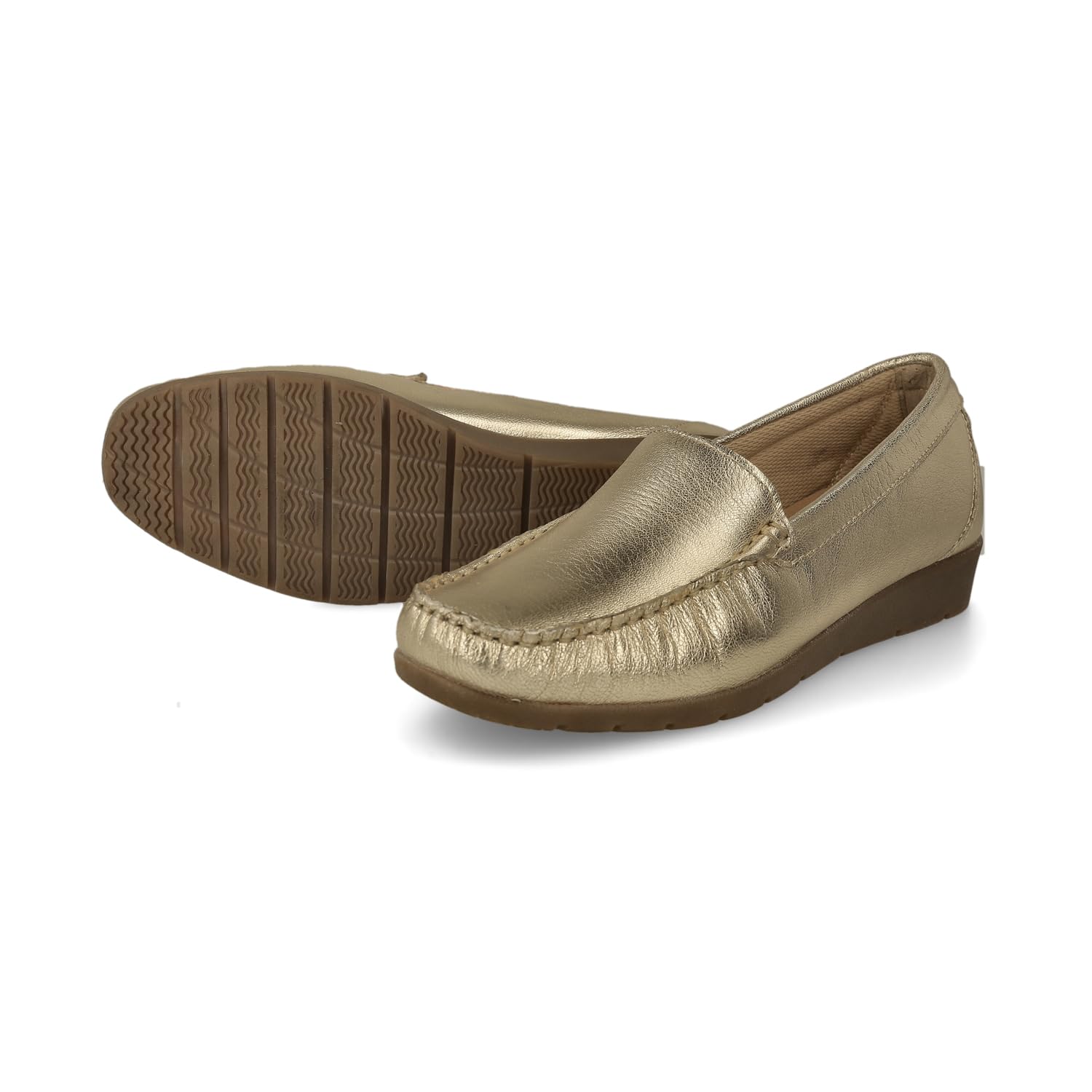 Mocassini in Pelle Comodi per Donna Anziana. Loafer Kiowa Casual Cuciti a Mano. Molto Flessibili. Suola in Gomma. Scarpa da Passeggio. Colore Nero e Oro.