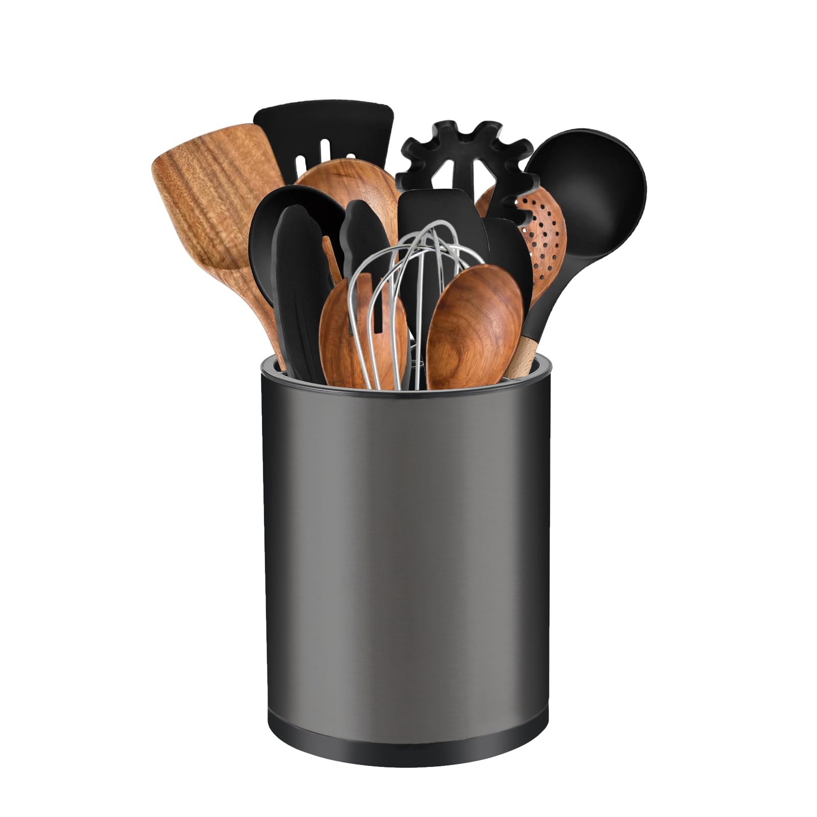Eolax Kitchen Utensil Organizer, Stainless Steel Countertop Utensil Holder, Extra-Large 360°Rotating Drainable Storage Bin with Three Compartments, Ideal for Tableware and Cooking Tools (Grey)