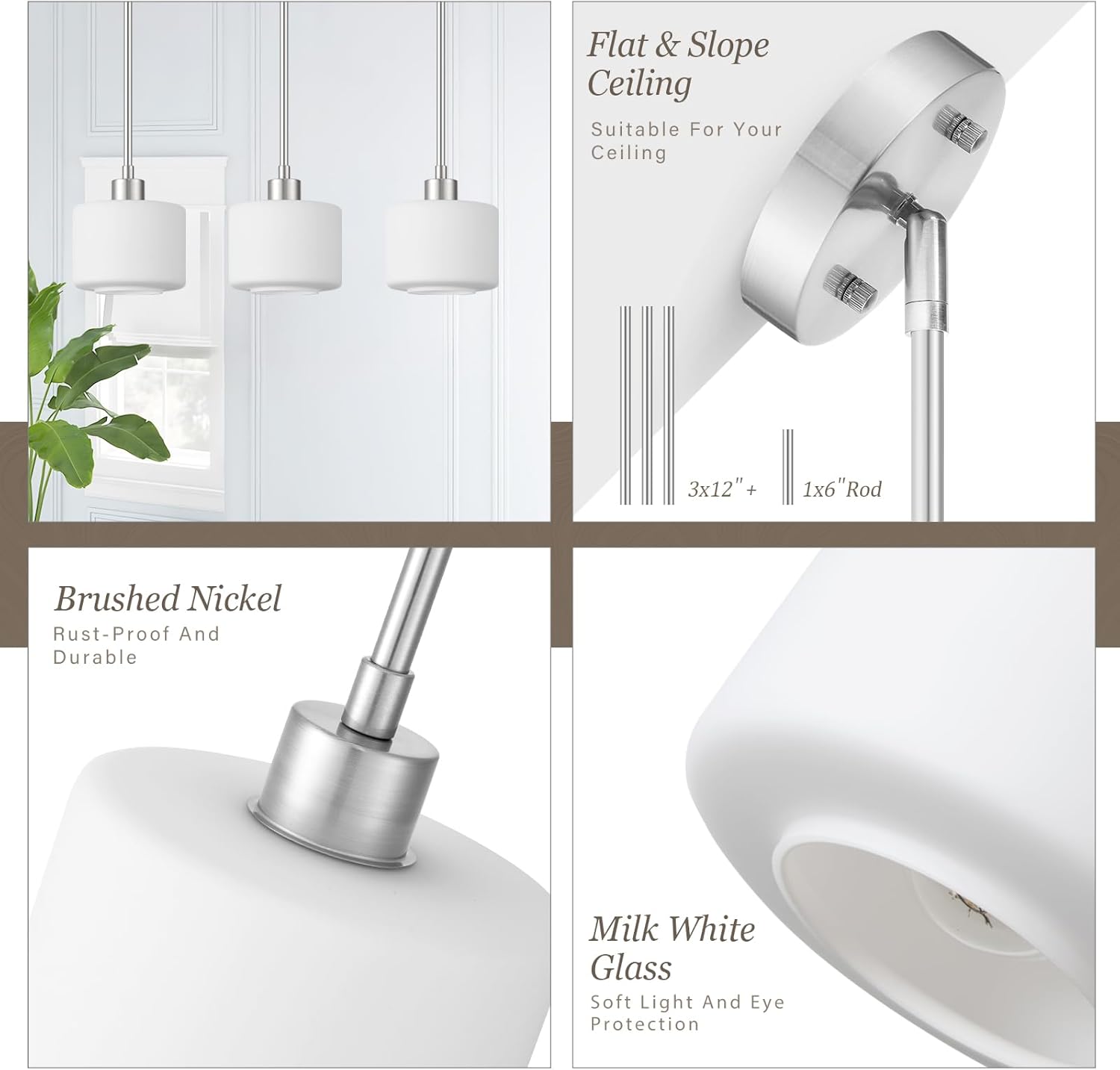 Milk Glass Pendant Lights Kitchen Island 2 Pack, Modern Brushed Nickel Hanging Light Fixtures with Rods, Mini Kitchen Pendant Lighting Over Island for Sink Bathroom, OS-YQ8153-2PBN