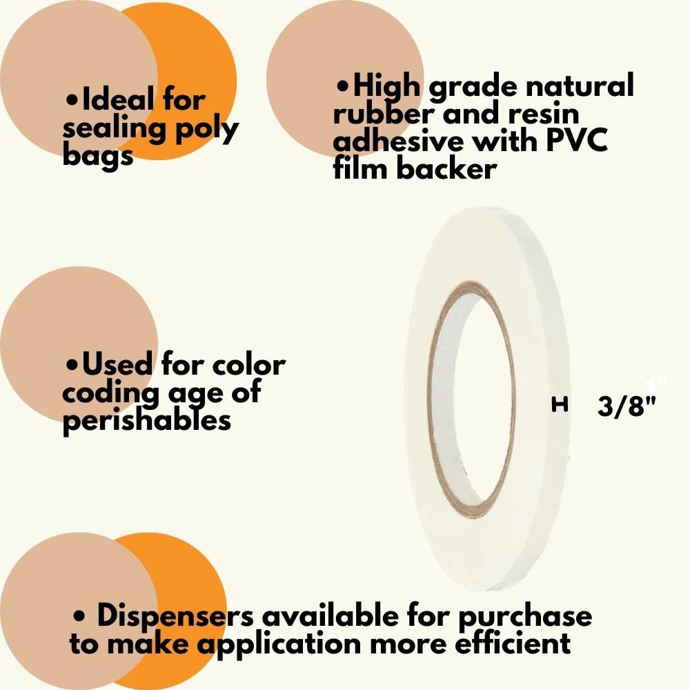 PSBM White Poly Bag Sealing Tape with Dispenser, 6 Rolls, 2.3 Mil Thick, 3/8 Inch Wide, 180 Yards Per Roll, Total 1080 Yards, Colored Sealer Tapes for Wrapping, Packaging & Sealing Food Products