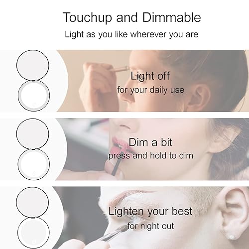 Miniatura 3 de Espejo compacto con luz LED, espejo recargable con aumento 1x10x, 3.5 pulgadas, espejo de viaje regulable para bolso, bolsillo, espejo de maquillaje