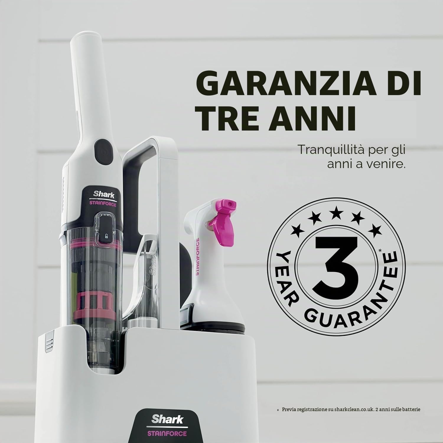 Shark StainForce HX100UKT - Detergente senza fili, leggero e portatile, elimina macchie e odori per tappeti, tappezzeria, auto, con contenitore, accessori e soluzione detergente da 500 ml