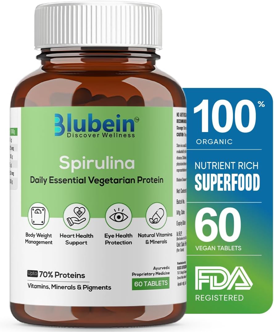 Blubein Spirulina Tablets 2000 mg Per Serving | High-Protein Superfood for Men & Women | Supports Energy, Immunity, Gut Health & Weight Management 100% Organic | Non-GMO & Certified | 60 Tablets