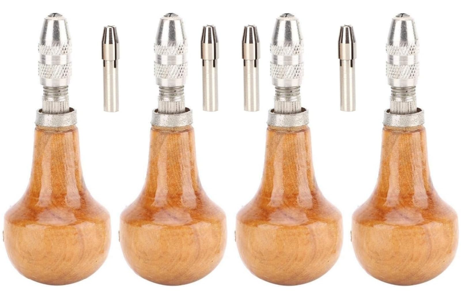 4 Set Pin Vise Chuck, Handle Pin Vise Graver Type Chuck Jewelers Handles Wooden Vice Hand Drill Engraving with Single End Lock Nozzle Gold Jewelry Production Making Tool (4)