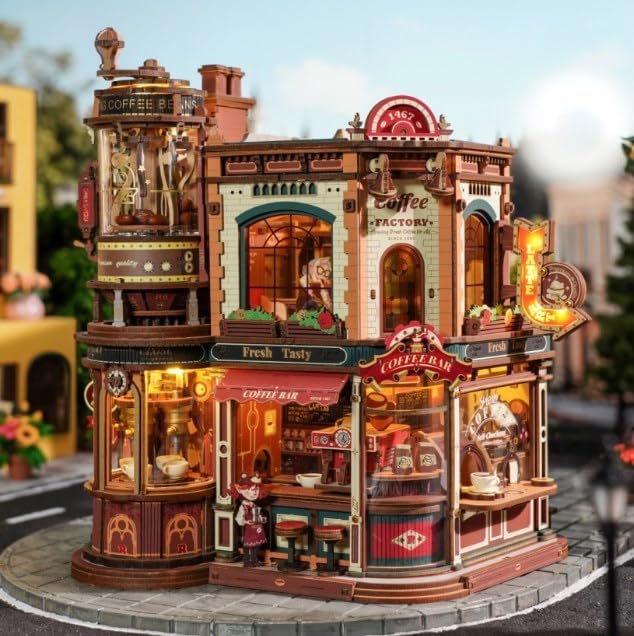 ROBOTIME Drewniane puzzle 3D dla dorosłych do zbudowania - Dream Coffe Factory, miniaturowy zestaw konstrukcyjny z muzyką, światłami i animowanymi scenami, miniaturowy dom/Book Nook Café EAB02