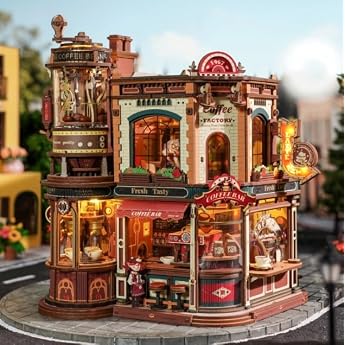 ROBOTIME 3D Wooden Puzzle for Adults to Build - Dream Coffe Factory Miniature Kit with Music Lights and Animated Scenes Miniature House/Book Nook Caf  EAB02