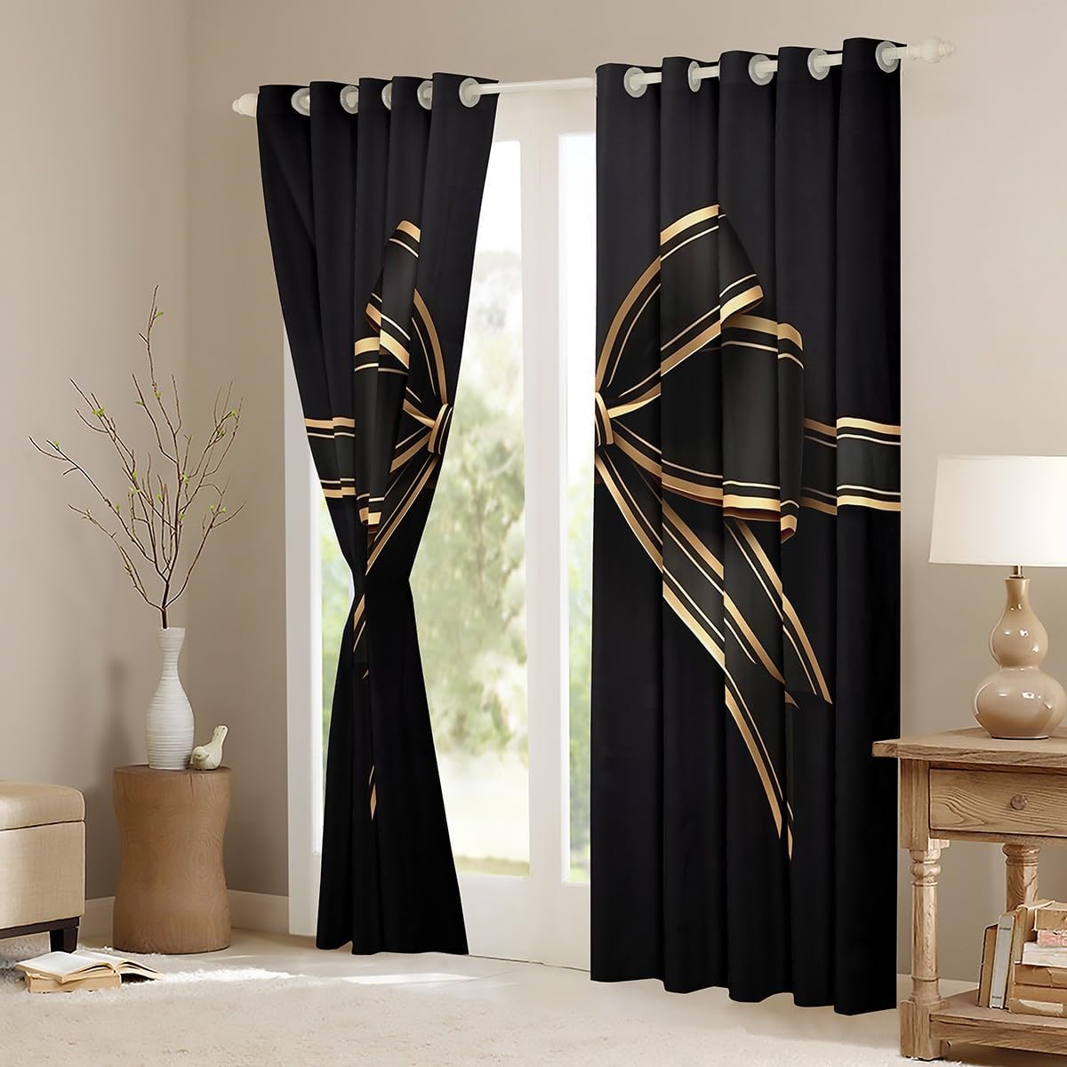 Feelyou Girls Aesthetic Bowknot Window Curtains for Bedroom Living Room,Black Bow Knot Curtains,Girls Room Decor,Cute Bowknot Window Drapes,Coquette Bow Blackout Curtains, 42W X 90L,2 Panels image 3