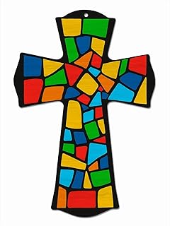 CALUOHO Colorful Geometric Wood Cross Catholic Crucifix Prayer Wall Cross for Home Bedroom Bathroom Decor Front Door Sign Small Wooden Cross Mexican Decor 5x7 Inch