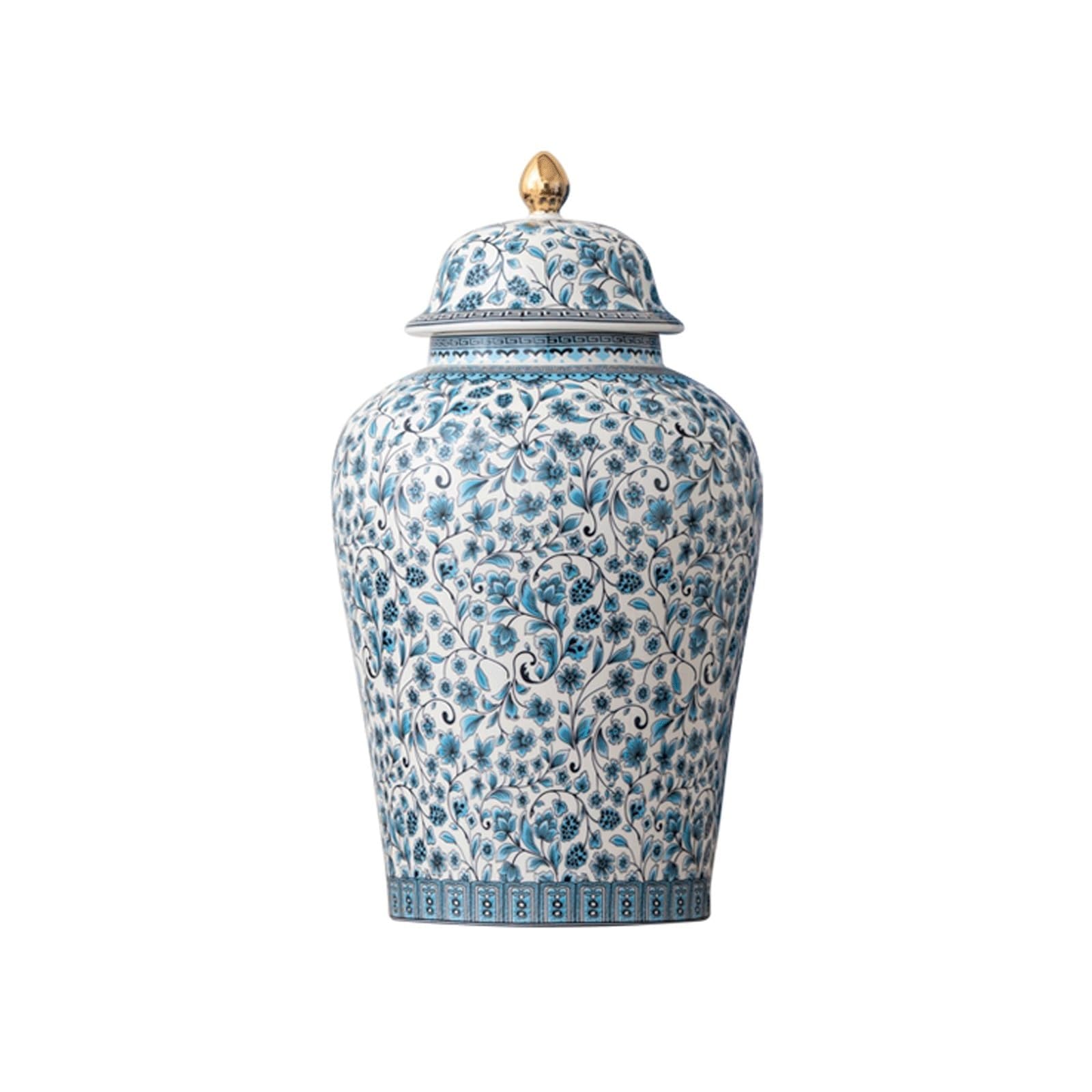 EYPKPL Chinoiserie Blue and White Ginger Jar with Lid, Porcelain Temple Jar, Floral Ceramic Flower Vase for Table Centerpieces Storage vase(15.5x28.8cm)