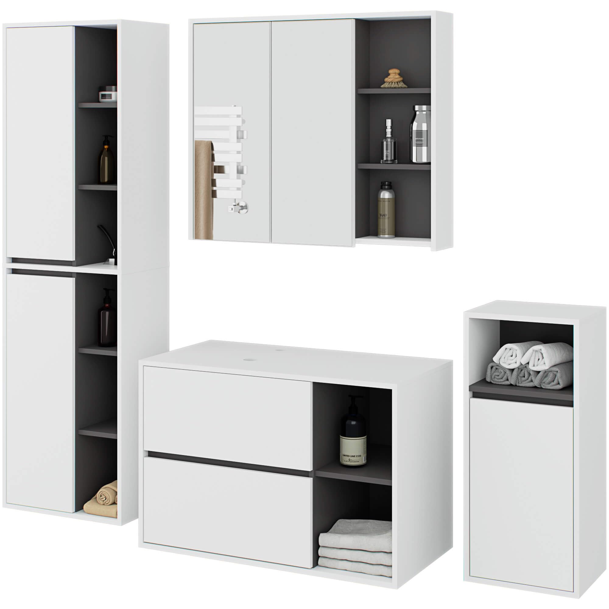AKORD Badezimmer Komplett Set - Hängendes Badezimmermöbel-Set mit Spiegelschrank, Hängeschrank, Hochschrank & Unterschrank - Badmöbel - Weiß & Graphitgrau