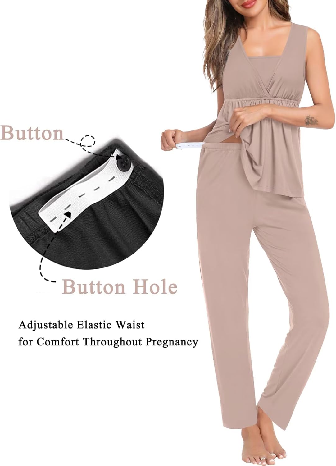 SWOMOG Women Maternity Nursing Pajamas Sets 3 Piece Breastfeeding Robe 3 in 1 Labor Delivery Sleeveless Pregnancy Pjs & Pants - Image 4