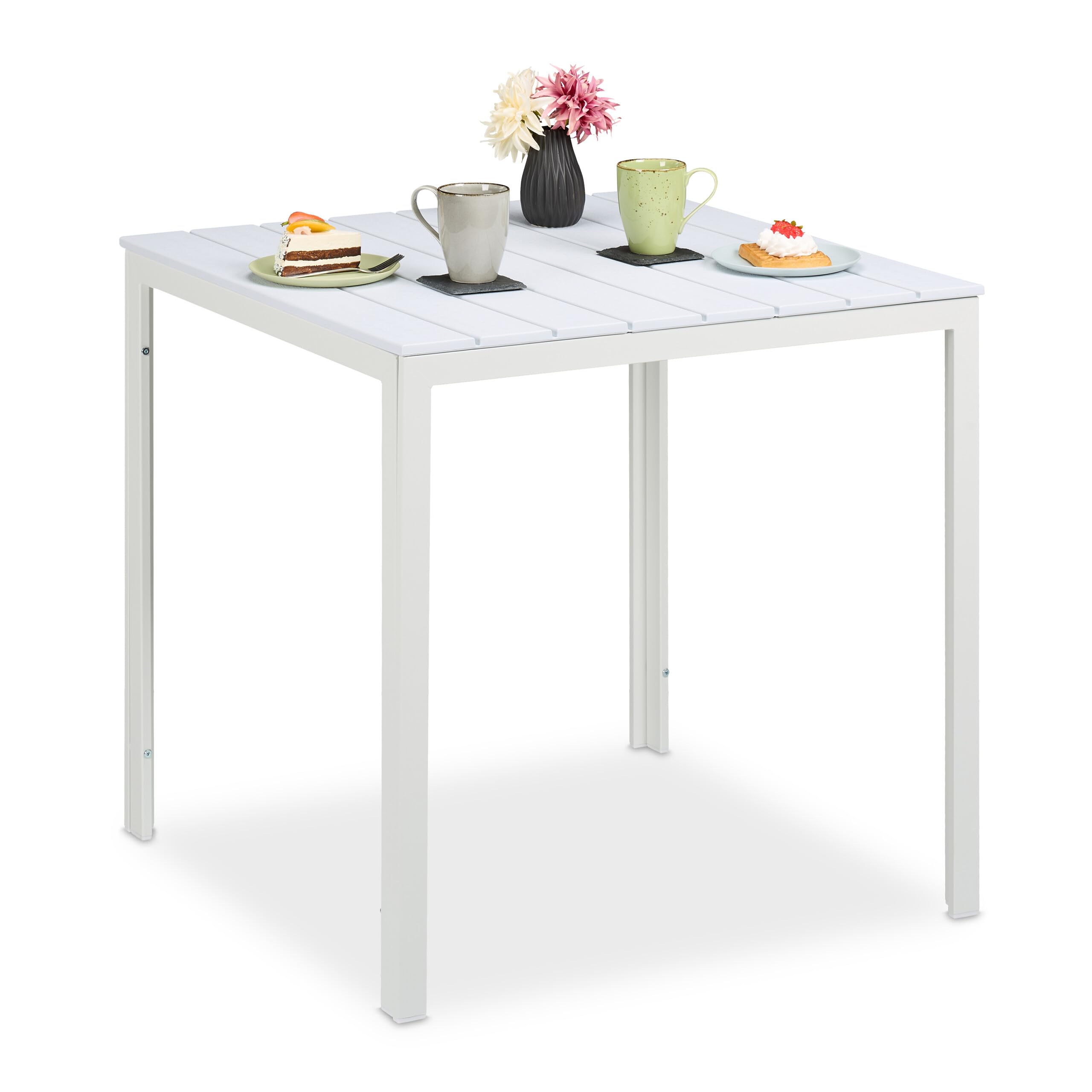 Relaxdays Mesa Jardín Efecto Madera, Mesita Balcón Resistente Intemperie, 74,5x78x78 cm, Plástico y Acero, Blanco